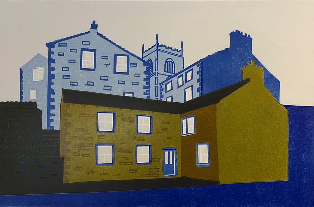 Buildings next to Eller Beck, Skipton : Keith Dickinson Printmaker in North Yorkshire