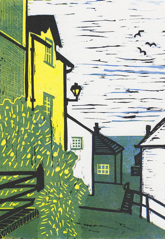 Clovelly , Devon - Linocut : Keith Dickinson Printmaker in North Yorkshire