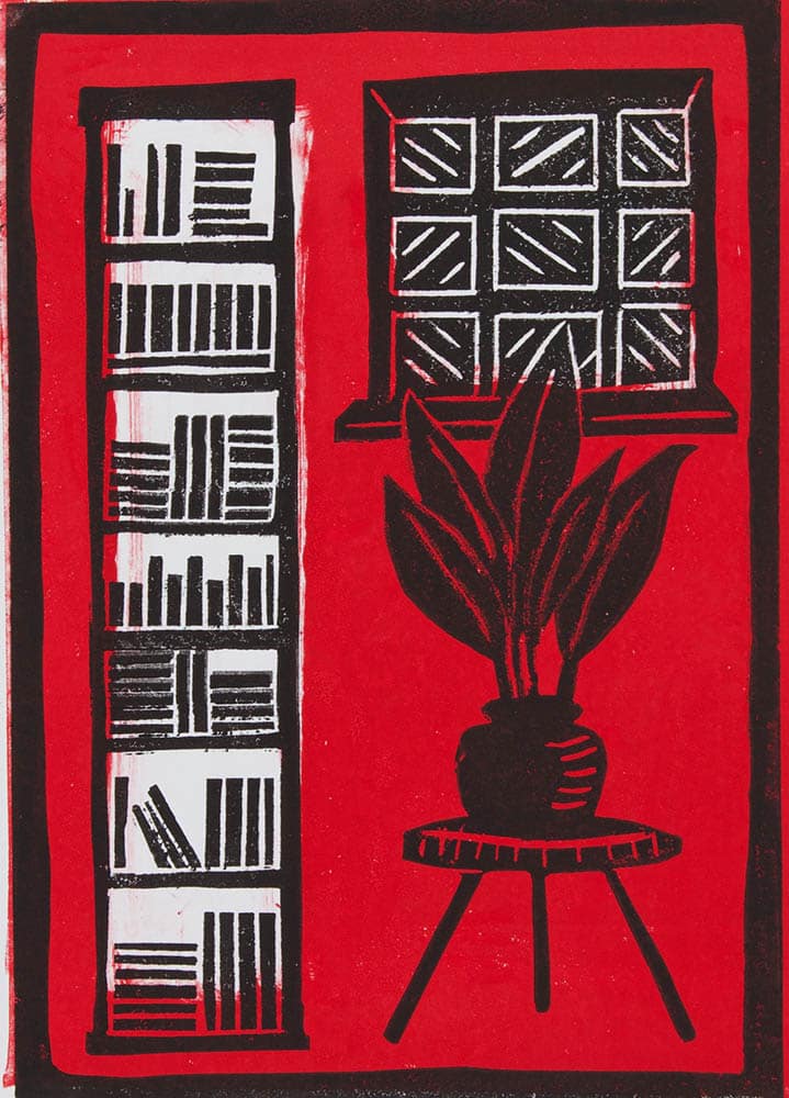 Bookcase in Red : Keith Dickinson Printmaker in North Yorkshire