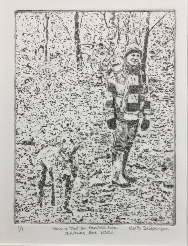 Tony and Ted on Farnhill Moor (20cm x 15cm) : Keith Dickinson Printmaker in North Yorkshire